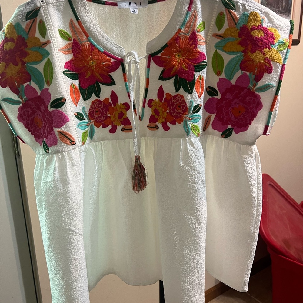 THML White Tunic with Bright Floral Embroidery